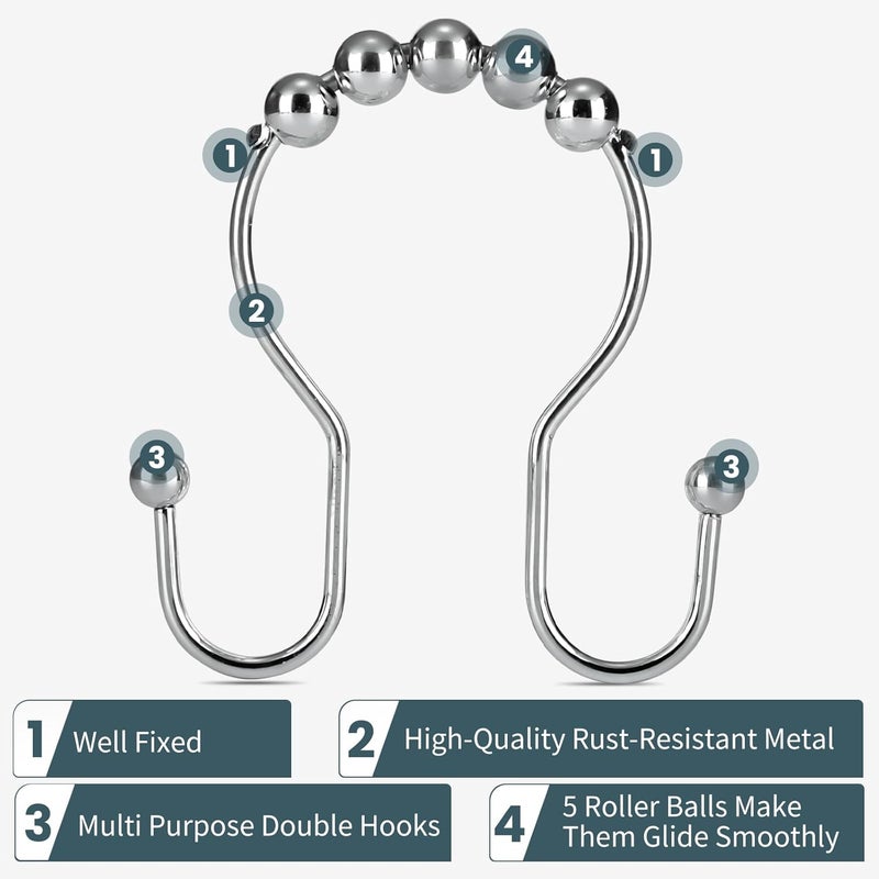 OEH Shower Curtain Hooks, Shower Curtain Rings, Chrome Shower Curtain Hooks Rust Proof, Smooth Gliding Metal Shower Curtain Rings Rust Proof, Double Shower Hooks for Shower Curtain, 12 Pcs, Chrome - Image 3
